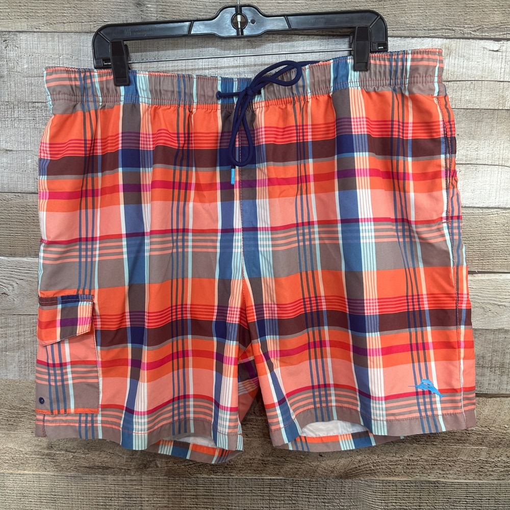 Tommy Bahama Men XL Plaid Swim Trunks Orange Blue Cargo Pocket Mesh Lined Trunks